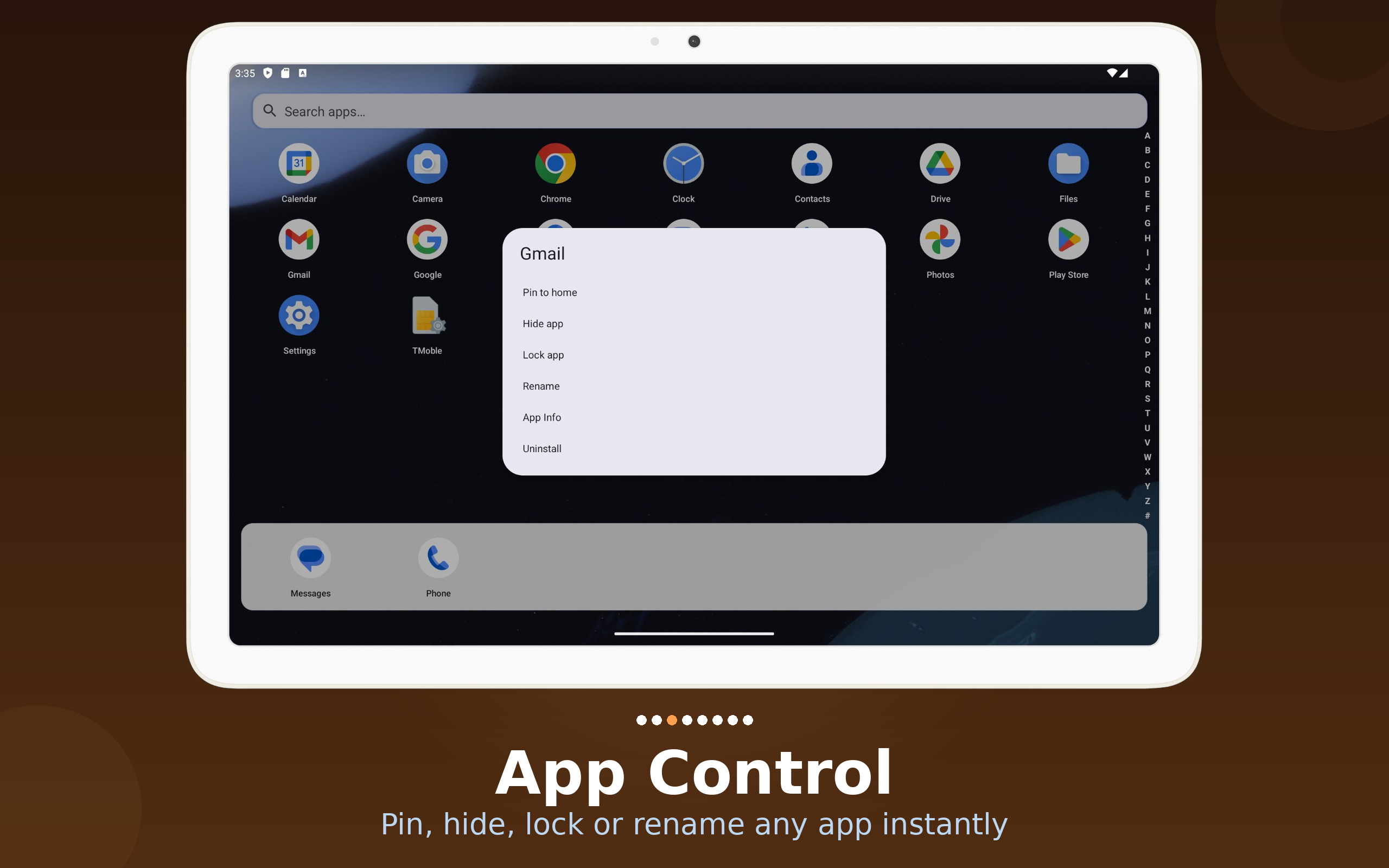 Core app app options screen on 10-inch tablet
