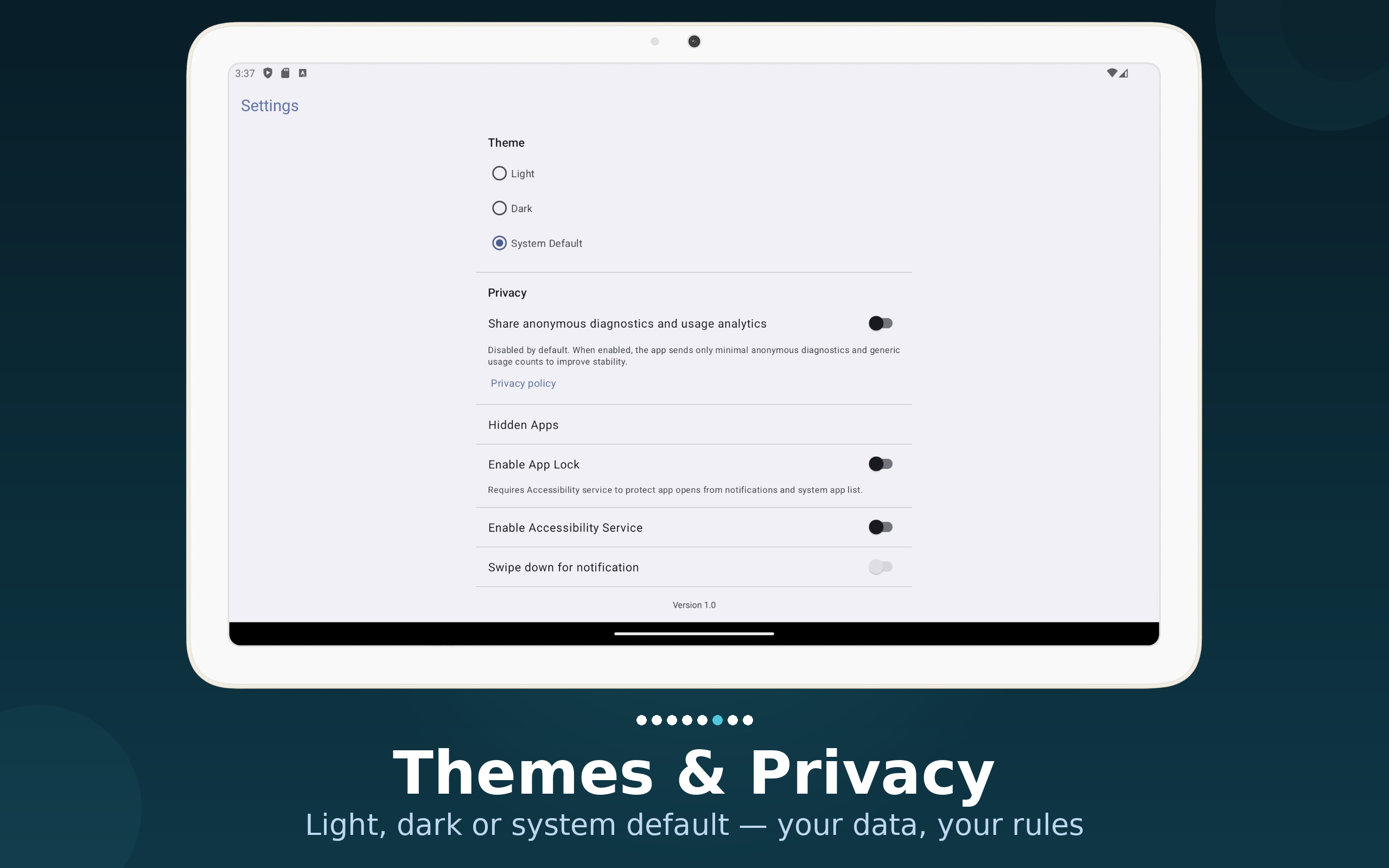 Core app theme settings on 10-inch tablet