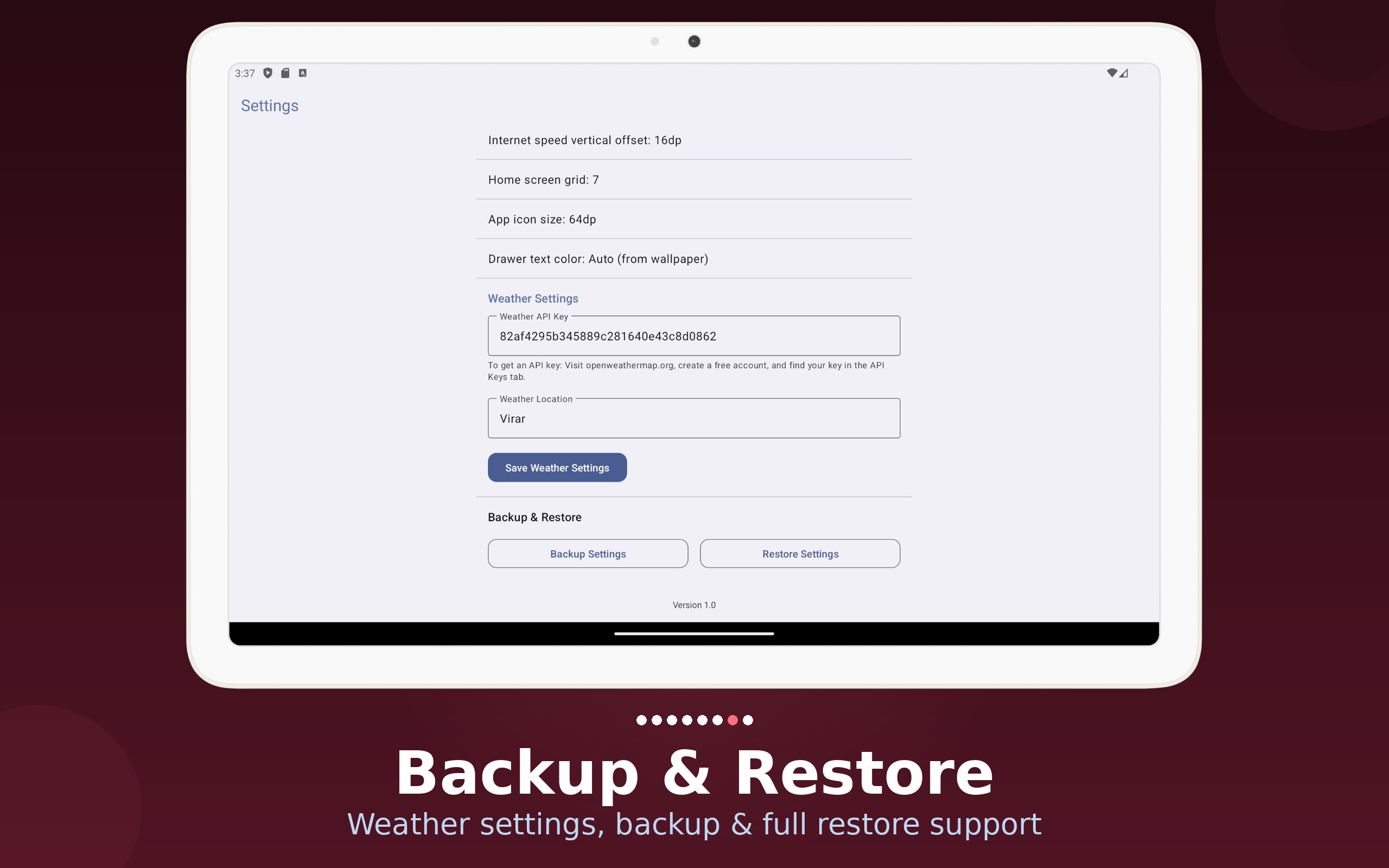 Core app backup settings on 10-inch tablet