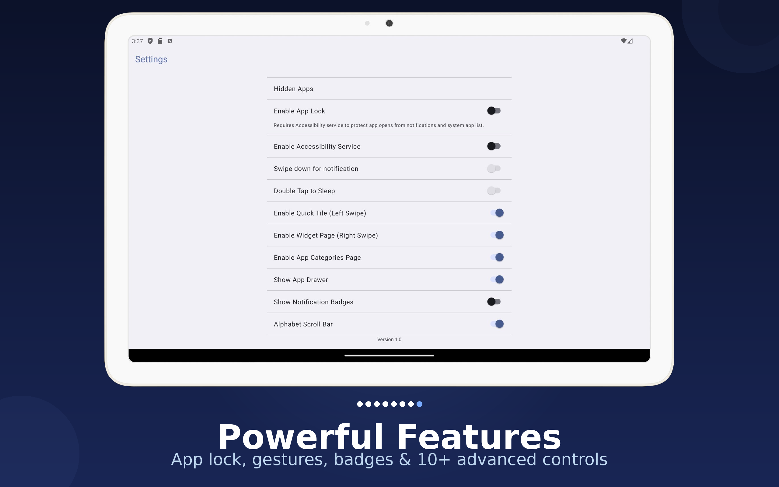 Core app feature settings on 10-inch tablet