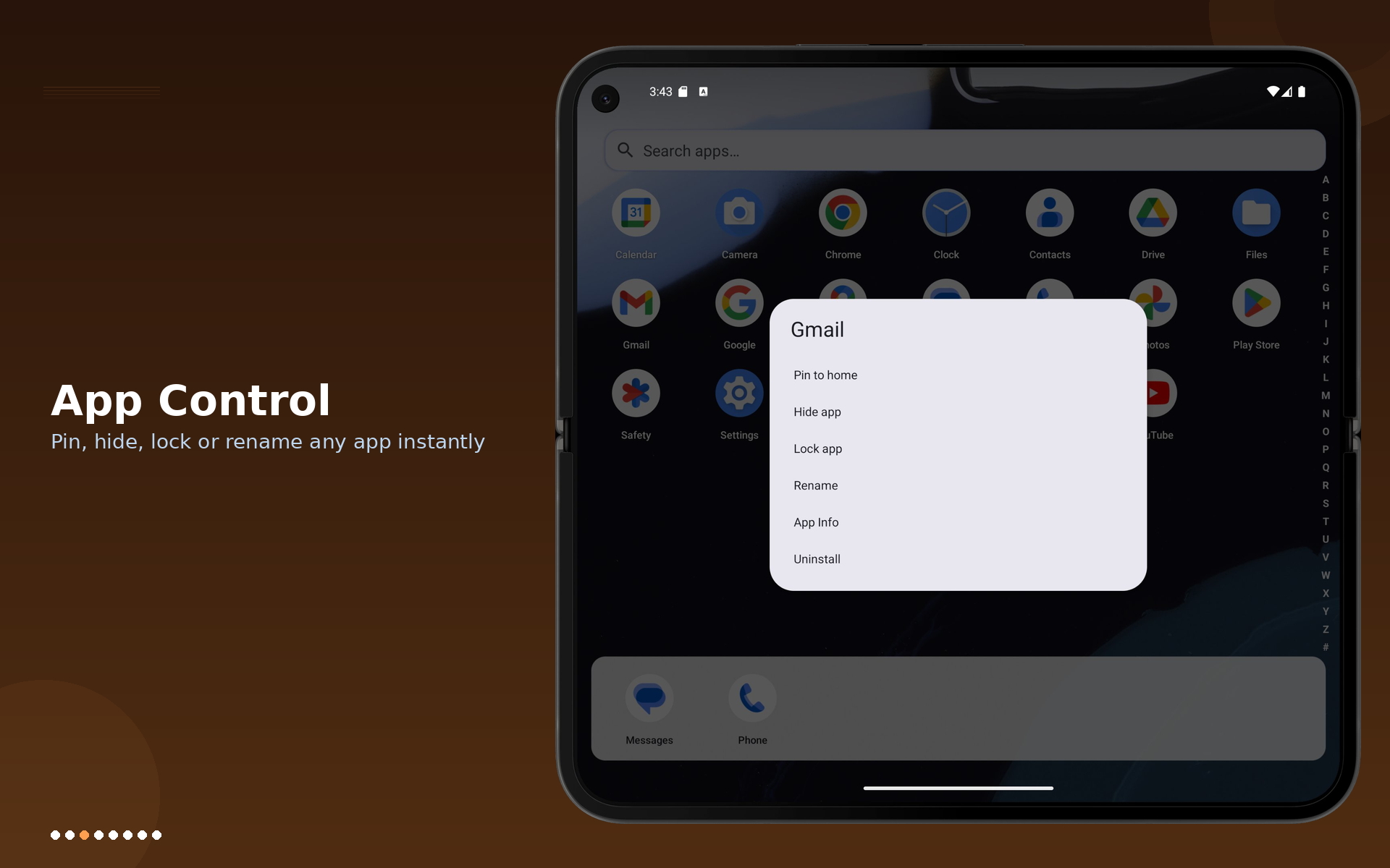Core app app options screen on 7-inch tablet