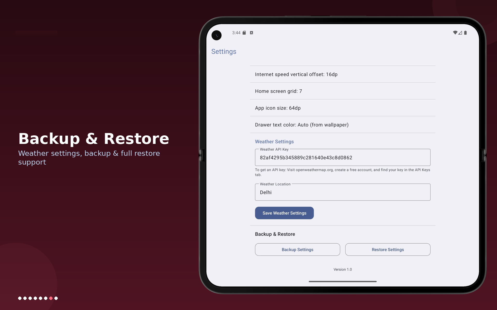 Core app backup settings on 7-inch tablet