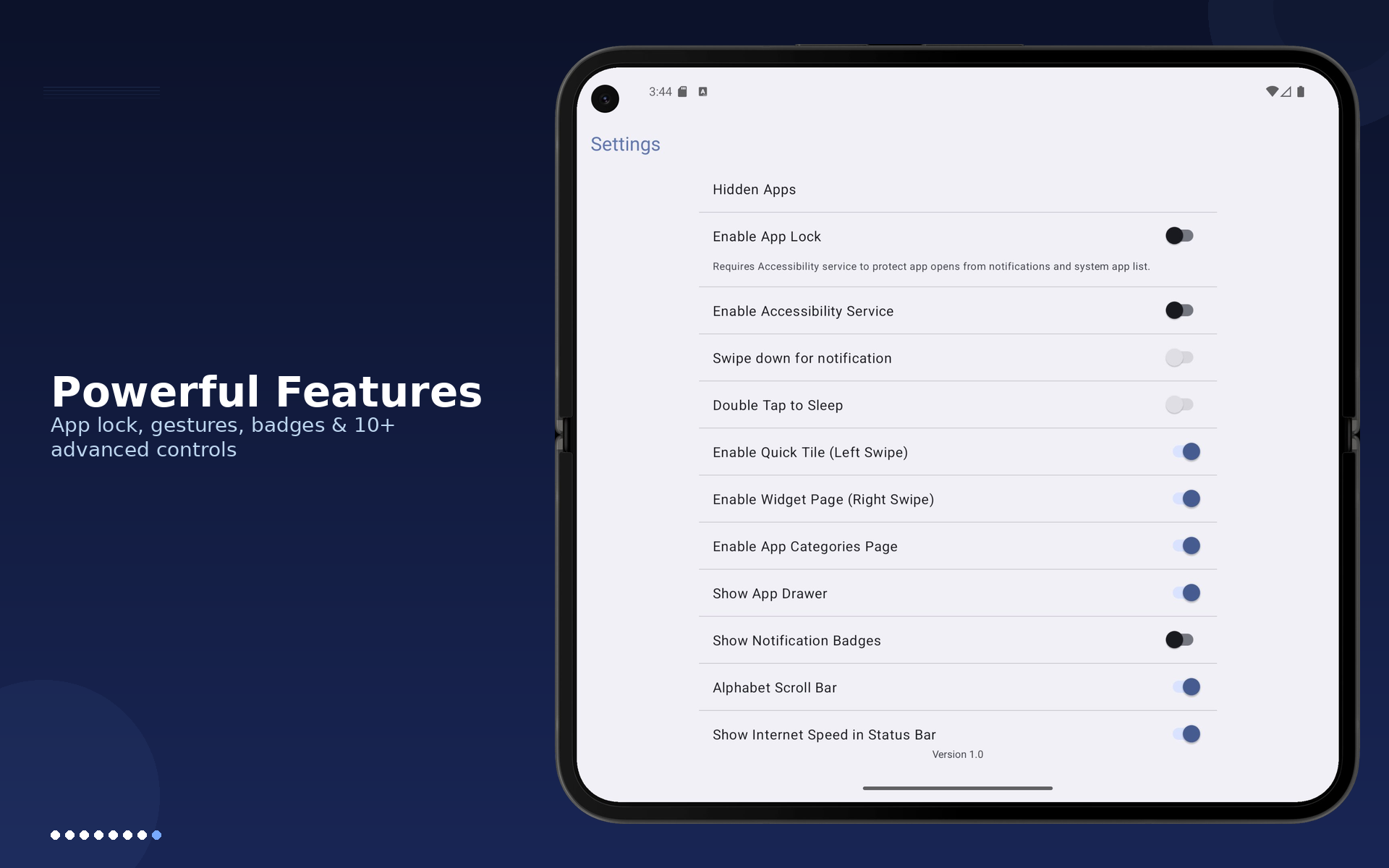 Core app feature settings on 7-inch tablet