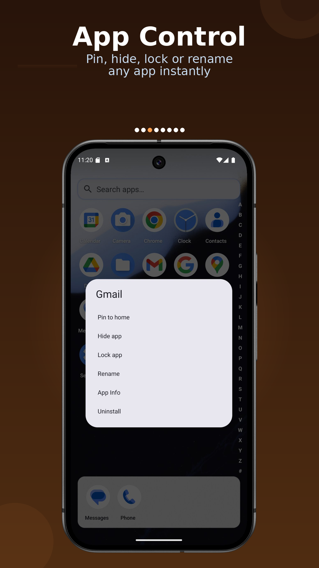 Core app app options screen on phone